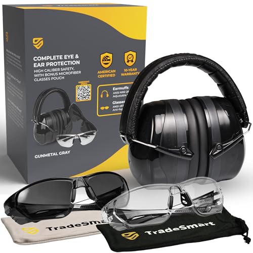TradeSmart Shooting Ear Protection for Gun Range, NRR 28 Earmuffs & Eyewear - color: Clear+tint - Grey