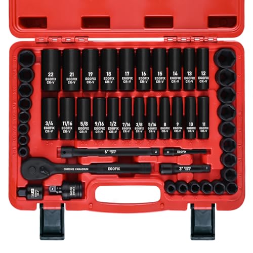 3/8" Drive Impact Socket Set, 50 Piece Standard SAE (5/16 to 3/4 inch) and Metric (8-22mm) 6 Point, with Adjustable Ratchet Handle, Extension Bars, Impact Universal Joint, Adapter, Cr-V Steel - color: 3/8-50pcs