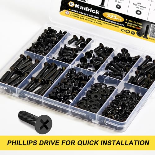 KADRICK 325Pcs M5 Countersunk Screw Kit,M5 Flat Head Bolts Nuts Washers - size: M5 325Pcs 8-30mm