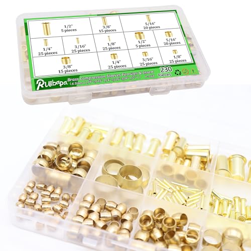 230PCS Brass Compression Sleeves Ferrules & Insert 1/2" 3/8" 5/16" 1/4" 3/16" 1/8"-6 Sizes Compression Fittings Assortment Kit for DOT Air Brake LIne Fittings Connect Lines for Air,Water,Fuel