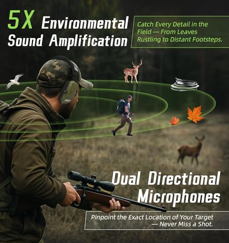 PROHEAR 2 Pack Digital Electronic Shooting Ear Protection 5X Sound Amplification Earmuffs, 23dB NRR Low Profile Noise Reduction Hearing Protection for Gun Range and Hunting, Green&Black - color: 5x Amp