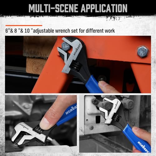HORUSDY 3-Piece Adjustable Wrench Set (6/8/10 in), Wide Jaw Black Oxide Finish, Cr-V Steel, Metric & SAE Scales, Adjustable Spanner Set for Home Garage Workshop - style: 3PC Wide Jaw Set (6" 8" 10")