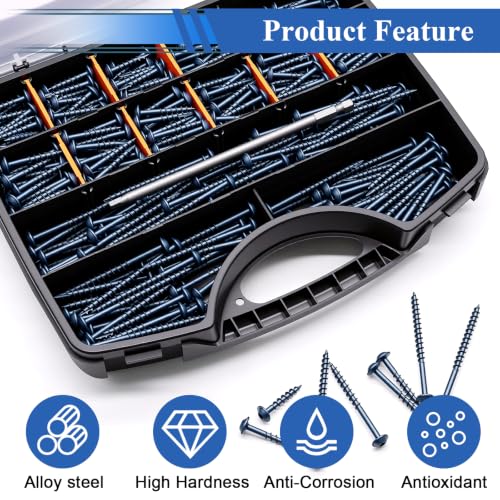 smseace 580Pcs Pocket Hole Screws Assortment Kit #8 x 1, 1-1/4", 1-1/2", 2", 2-1/2" Blue Coated Square Drive Pocket Screws with 150mm Drive Bit Wood Screw Set - color: Blue