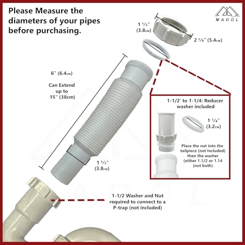 Flexible Extension Pipe, 1-1/2 inch x 15 inch with Adapter for 1 1/4" Inlet Tube with Slip-Joint Nut and Washer for P-Trap Connection used with Kitchen or Bathroom Drain- White Plastic Polypropylene
