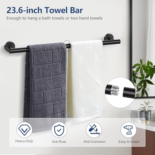 TQKAG Bathroom Hardware Set Black, 5 Piece Bathroom Towel Bar Holder Sets | SUS304 Stainless Steel, 23.6" Toilet Paper Holder with Shelf, Towel Racks for Bathroom Wall Mounted, Matt Black Towel Bars - color: Matte Black, size: 5-Pieces Set-A