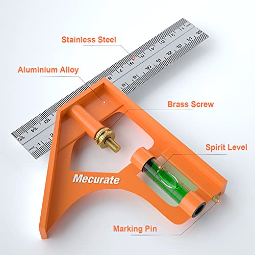 Mecurate 6-Inch Combination Square, Stainless Steel, 2 Pencils