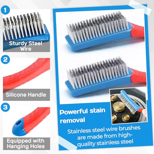 2PCS Wire Brushes,Heavy Duty Stainless Steel Wire Scratch Brush for Cleaning,Metal Wire Brush with Rubber Handle for Rust Removal & Paint Removal (2 Pcs (8-Row + 6-Row)) - color: 2 Pcs (8-row + 6-row)