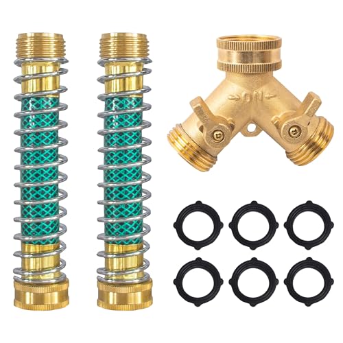 Hourleey 2 Way Hose Splitter, 3/4" Brass Hose Y Splitter with 2 PCS Garden Hose Extension Hose Coiled Spring Protectors and 6 Rubber Washers - size: 2 Pack with Splitter