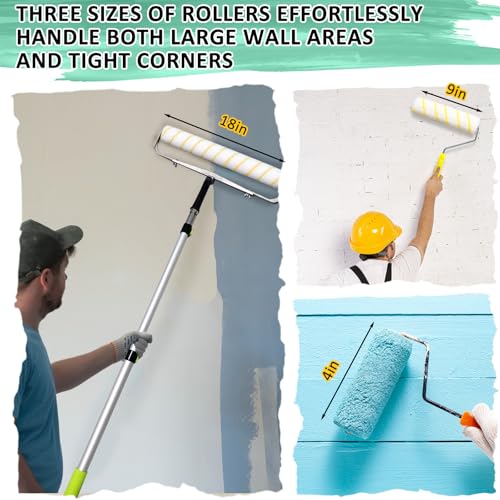 18 inch Paint Roller Kit, 22 PCS Large Paint Roller Tray with Liner, 18 inch Rollers for Painting, Rollers and Frame, 4 FT Extension Pole, Suitable for DIY Interior Walls, Rooms