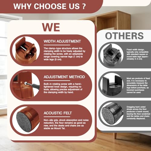 4 Pack Adjustable Furniture Risers 2.36" to 3.15", Heavy Duty Bed Risers with Clamp Design, Clamp-On Levelers for Chair Table Sofa Cabinet Legs, Furniture Height Extenders Leg Lifts (Brown) - color: Brown