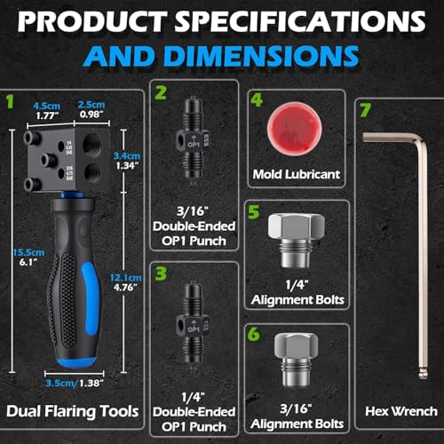 Brake Line Flaring Tool Kit 7-Piece, 3/16" 1/4" SAE Double & Bubble Flare Tool, 45° Flaring Tool for Brake & Fuel Lines, 3/16 Brake Flare Tool for Automotive Hydraulic Repair，Blue