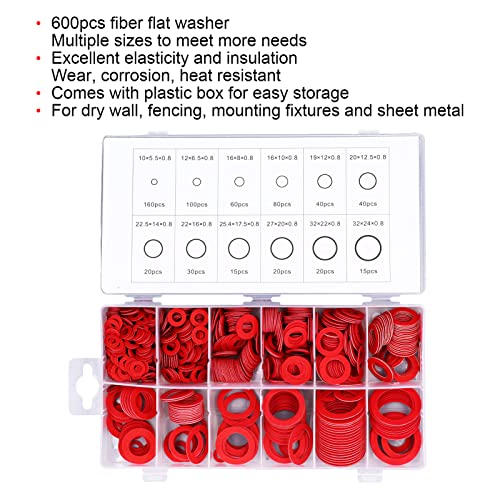 Fiber Flat Washers, Red Steel Paper Felt Washer Assortment 600Pcs