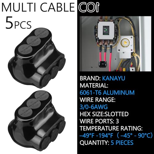 Kanayu 5 Pcs Black Insulated Multi Cable Connector, 3 Ports Electric Wire Connectors and Soldering Lugs, Single Side Entry Cable Splicers, with Oxide Inhibitor (3/0-6 Awg Range,2.57" X 1.73") - size: 3/0-6 AWG Range, 2.57" x 1.73"