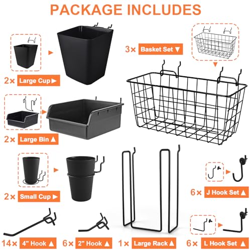 Pegboard Basket Organizers, 42Pack Peg Board Baskets Hooks Bins Cups(Black) - color: Black