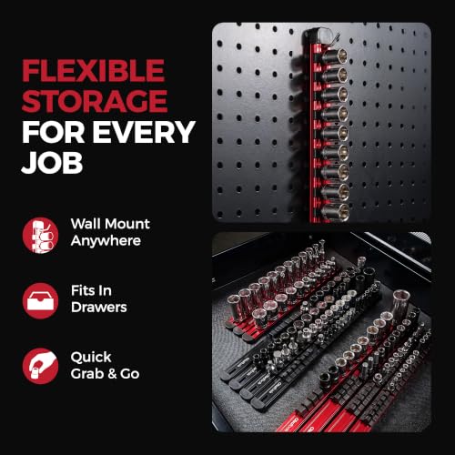 Olsa Tools 3/8-Inch Socket Organizer Rail with Locking Caps, Red - color: Red, size: 3/8-Inch Drive