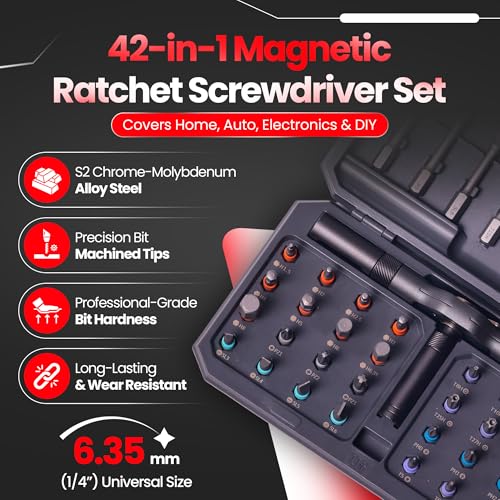 42 in 1 Magnetic Screwdriver Set, Magnetic Ratchet Screwdriver Set with Multi-Bit Ratcheting Handle & Bit Magnetizer, Compact Repair Tool Kit with Storage Case for Furniture, Computer, Bicycle and DIY - size: 42 in 1