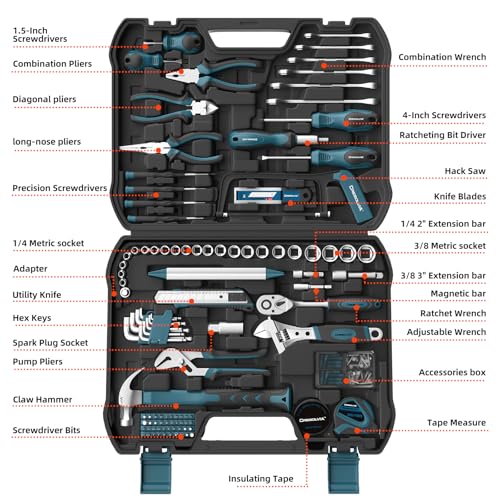 Home Tool Kit 199 Piece Basic Household Auto Repair Tool Set Car Toolbox General Hand Tool Kit for Home Men Women DIY with Plastic Toolbox (Blue and black) - color: Blue and Black
