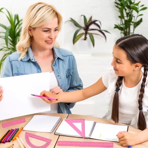 Plastic Clear Ruler Math Set, 6" | 12" Straight Ruler Protractor, 2 Protractors 180 Degree 2 Triangle Rulers 45 | 60 Degree 2 Straight Rulers Measuring Tool for School Office Home Supplie,Pink - color: Pink