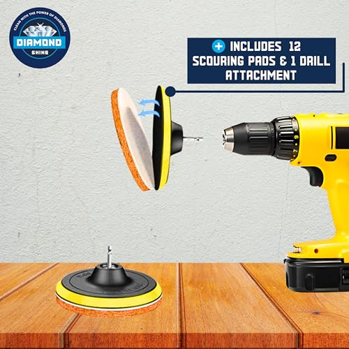 Diamond Shine 21-Piece Drill Power Scrubber Attachment Set – Scrub Brushes, Hook-and-Loop Pads, Sponges & 6" Extension for All-Purpose Cleaning