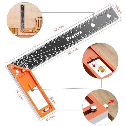 12” Woodworking Square Ruler - Preciva Right Angle Ruler Carpenter Square Layout Tool, Features Stainless Steel Blade, Retractable Ledge, 1/16” and 1/32” Notch Spacing and Multi-Angle Scribe Mark - style: 12 IN
