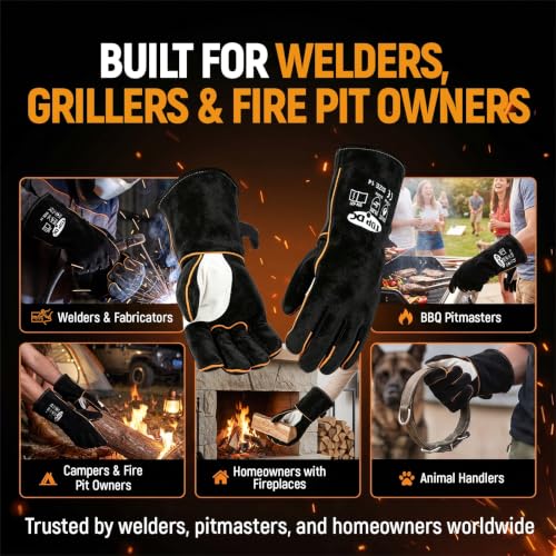 TOPDC 14Inch Welding Gloves 482°F Heat Resistant Leather for Fire Pit Grill - color: 14 Inch Black-gray