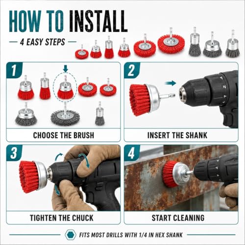 9-Piece Drill Brush Set, 6 Abrasive Nylon Brushes & 3 Wire Brushes for Drill, Wheel Cup and End Brushes with 1/4 Inch Hex Shank for Rust Removal, Paint Stripping and Surface Preparation
