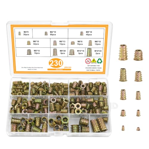 230 Pcs Threaded Inserts Nuts Assortment Tool Kit - 11 Sizes Metric M4/M5/M6/M8/M10 Hex Socket Drive Furniture Screw-in Wood Inserts Bolts Fastener