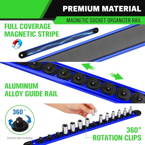 1/4-inch Magnetic Socket Organizer Rail, Aluminum Alloy Socket Rail, Heavy Duty Sockets Holder with 14 Clips, 360° Swivel Clip Tool Tray, Sockets Organizer for Tool Box Drawer (Blue) - style: Blue 1/4-inch