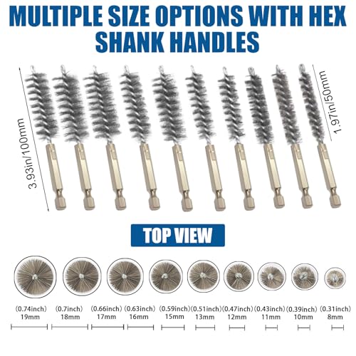 10 Pcs Wire Brush for Drill，Ultra-Durable Metal Wire Brush Set w/ 1/4" Hex Shank, Multiple Sizes Compatible with Power Drill, Impact Driver & Tube Cleaning