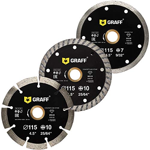 3 PCS 4 1/2 Inch Diamond Blade for Angle Grinder — Diamond Cutting Wheel for Cutting Stone, Marble, Granite, Brick, Masonry, Paving Flag, Concrete — GRAFF - size: Ø Set 4 ½ Inch Segment, style: Diamond Segment Blades