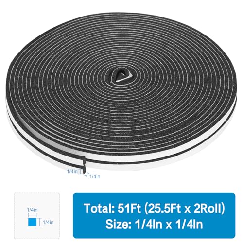 DGSL Foam Weather Stripping, 1/4" x1/4", 51Ft Door Window Seal Tape - size: 1/4In x 1/4In x 51Ft