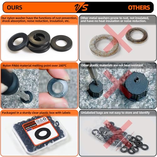 M6 Black Nylon Washers, 6mm ID, 12mm OD, 1.2mm Thickness, Plastic Flat Round Washers, 200 Pieces Nylon Washer Hardware Set - size: M6