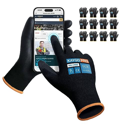 KAYGO Safety Work Gloves, PU Coated, 2-Finger Touchscreen, KG11P - color: Black (Touch Screen), size: XX-Large