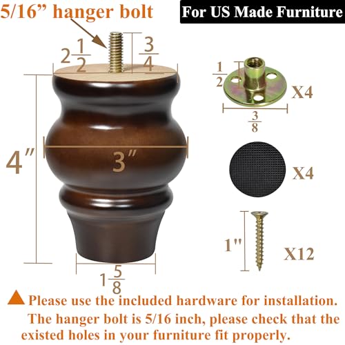 Furniture Legs, Wood Sofa Legs, Turned Couch Legs, Round Furniture Feet for Dresser, Sideboard, Recliner, Coffee Table (Dark Brown, 4 inch) - size: 4 inch
