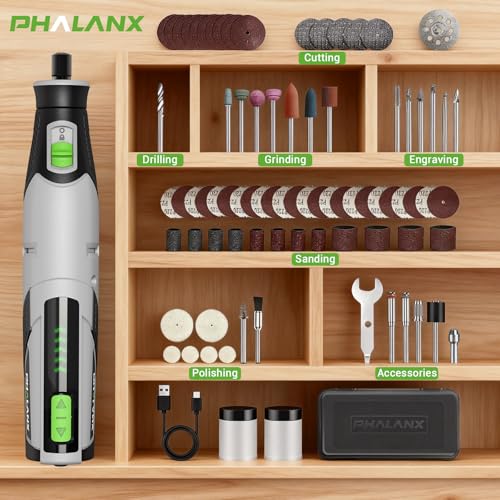 PHALANX Rotary Tool - 4V Cordless Rotary Tool Kit Accessories 80 PCS 2500mAh Battery, Preset 5 Speed Adjustment Grinder Tool for Cutting Sanding Carving Polishing Engraver DIY Crafts(R4-Standard)