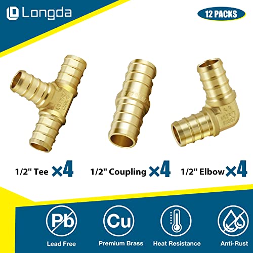 12PCS PEX Fitting Combo with 1/2'' Straight Coupling (4PCS), 1/2" 90 Degree Elbow (4PCS), 1/2" PEX Tees(4PCS), Brass Barb Crimp Pipe Hose Fittings in Plumbing Jobs