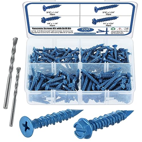 SATANTECH Concrete Screws with Drill Bit, 200Pcs Concrete Screw 1/4 3/16 Assortment Kit, Flat & Hex Head Masonry Block Brick Cement Screws and Anchors, No Pre Drilling, Diamond Point