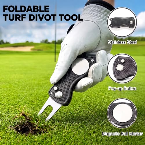 Golf Towel for Men with Club Brush & Divot Tool – 16"x24" Tri-Fold Waffle Microfiber Towel, Retractable Club Groove Cleaner & Divot Repair Tool, Golf Accessory Kit for Male Golfers (Black) - color: Black
