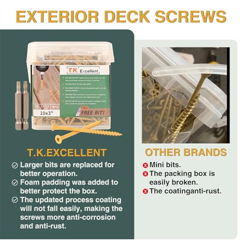 T.K.Excellent Deck Screws 3 Inch Wood Screws #10 x 3, 315 Pcs, Rust Resistant Structural Screws Tan Exterior Fence Screws Torx Drive Screw, Two T25 Bits, Brilliant Yellow Ruspert Coating Rust Proof - size: #10×3