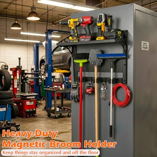 MUTUACTOR Heavy Duty Magnetic Broom Holder,Anti-slip Magnetic Tool Rack with Top Utility Shelf, Easy Assembly Broom Mop Organizer for Refrigerator Metal Cabinet Laundry Room Kitchen,3-Clamps 4-Hooks - style: Heavy Duty Broom Holder with Shelf,1PCS