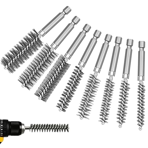 8 Pack Wire Brush Drill Bore Cleaning Brushes Set, Durable 1/4" Hex Shank Twisted Wire Brush, Different Sizes 8 9 10 11 13 15 17 19mm for Power Drill Rust
