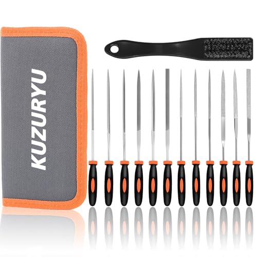 KUZURYU 14PCS Needle File Set - Small Diamond Files with 6 Jeweler's Files & 6 Steel Files （150mm）for DIY, Jewelry, Plastic, Wood & Metal Crafting – with Storage Bag & Steel Brush - size: Needle File-14PCS