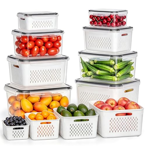 HOMETALL 8 Pack Fruit Storage Containers for Fridge with Strainer, BPA Free Fruit Cleaning Bowl Fridge Organizer, Plastic Fresh Keeper Set Refrigerator Organizer for Salad Berry Produce - size: 8PCS