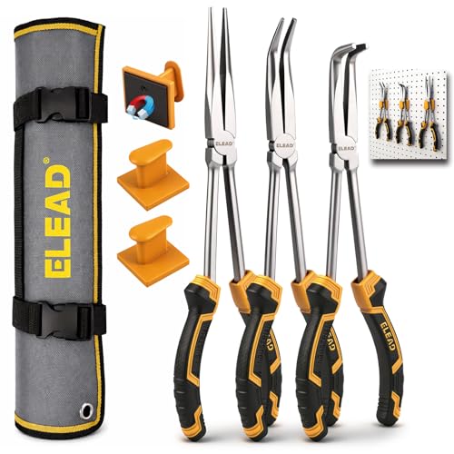 3-Piece 11 Inch Long Reach Pliers Set with 3 Magnetic Plier Racks, Extra Long Needle Nose Pliers Set Includes Straight, 45° & 90° Bent Nose Plier, Pliers Tool Set for Tight Spaces - style: 3pcs Long Reach