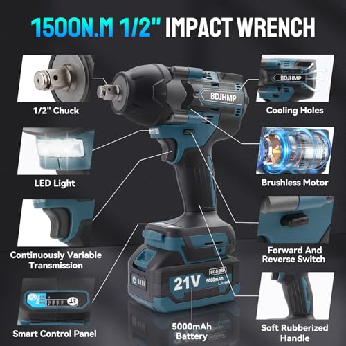 Cordless Impact Wrench 1/2 Inch, Brushless Impact Gun 1500 N.m/1106ft-lbs - color: Blue With Battery