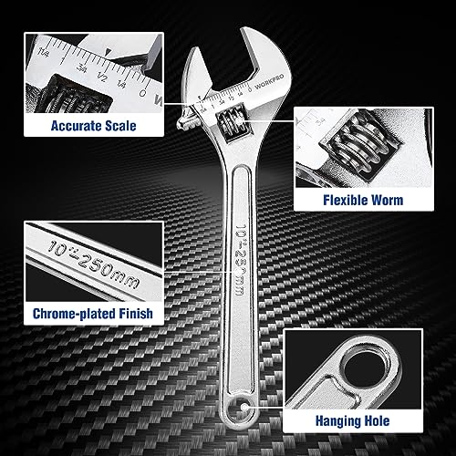 WORKPRO 4-Piece Adjustable Wrench Set, 6"-12", Carbon Steel, Chrome Plated - color: Silver, size: 6-inch, 8-inch, 10-inch, 12-inch