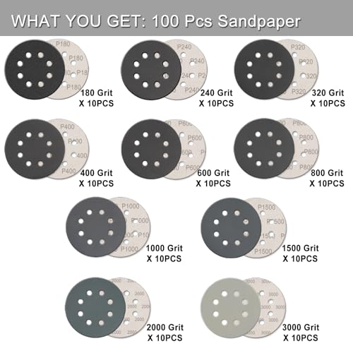 100Pcs 5 Inch Sanding Discs Hook & Loop 8-Hole Wet Dry Sandpaper Assortment - style: 100Pcs 180-3000 Grit (Mixed)