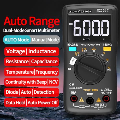 ZOYI Digital Multimeter, True RMS Auto-Ranging 6000 Counts with NCV. 750V AC, 1000V DC auto Identification, Data Hold, Resistance, Capacitance, Diode, Frequency and Temperature Measurement