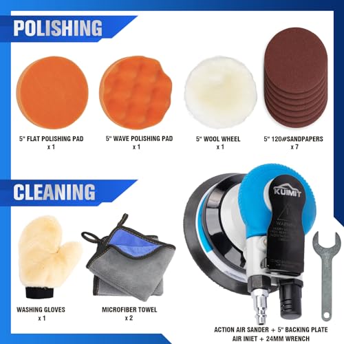 5" Air Sander Kit - Garage-Ready Dual Action Tool, Car Detailing & Woodworking Hero | Palm-Sized Power w/Free Tool Kits - color: Black, size: 5 inch