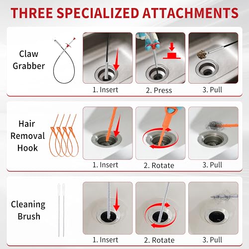 Drain Snake 50 Ft with Drill Attachment, Auto Feed 1/4 Inch Plumbing Snake for Sink, Shower & Tub Clogs, Manual or Drill-Powered Drain Auger, with Gloves, Safety Glasses & Storage Bag - color: 50FT